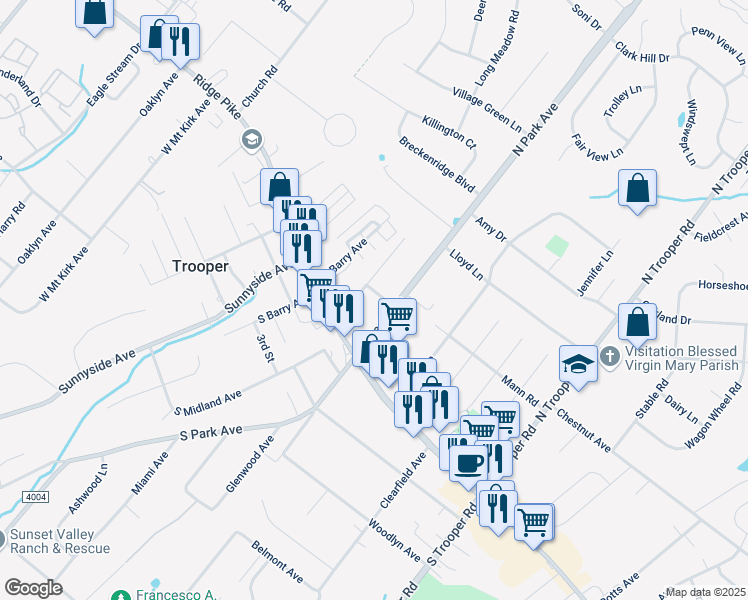 map of restaurants, bars, coffee shops, grocery stores, and more near 2810 Foster Avenue in Eagleville