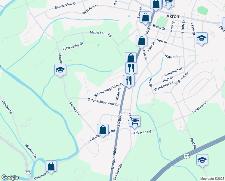 map of restaurants, bars, coffee shops, grocery stores, and more near 9 Conestoga Avenue in Ephrata
