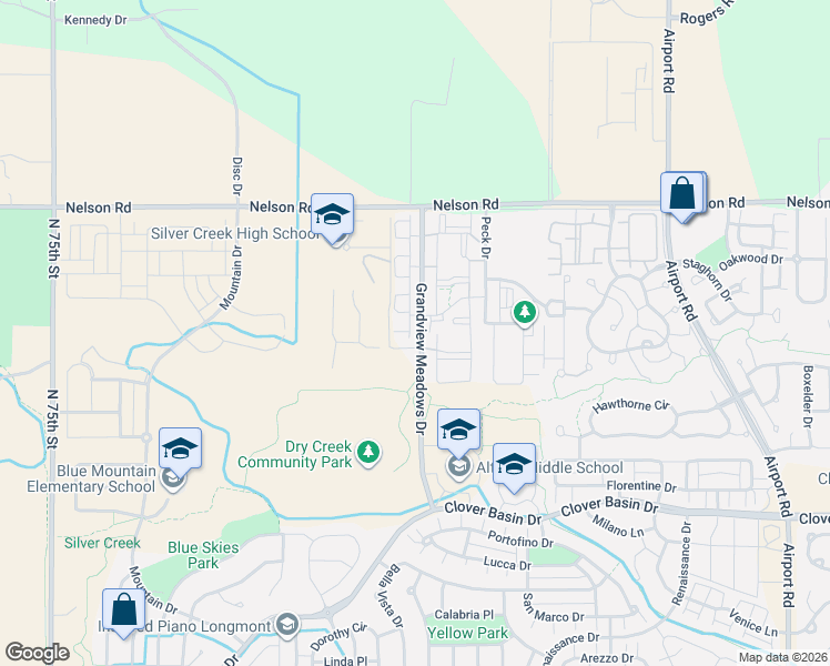 map of restaurants, bars, coffee shops, grocery stores, and more near 799 Robert Street in Longmont