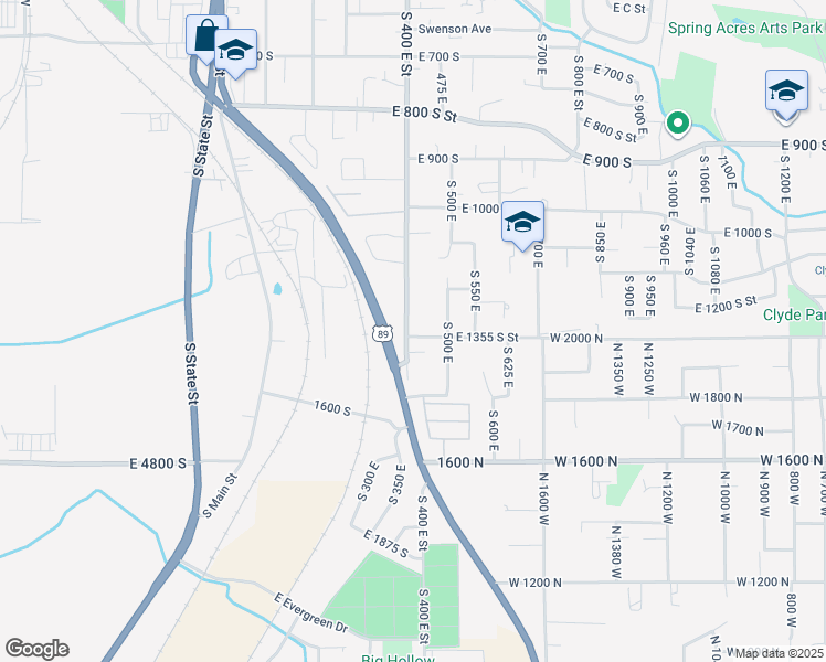map of restaurants, bars, coffee shops, grocery stores, and more near 1213 South 400 East in Springville