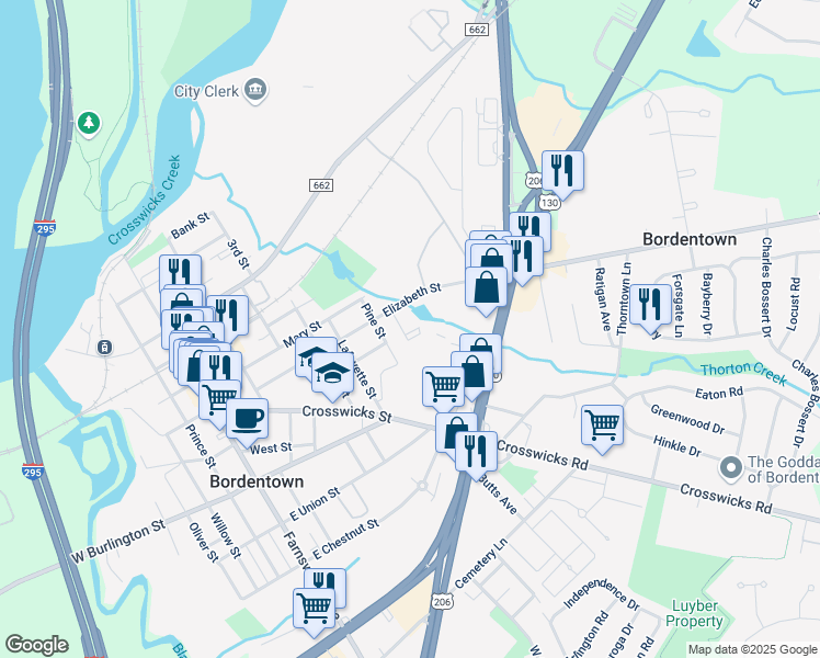 map of restaurants, bars, coffee shops, grocery stores, and more near 104 Elizabeth Street in Bordentown