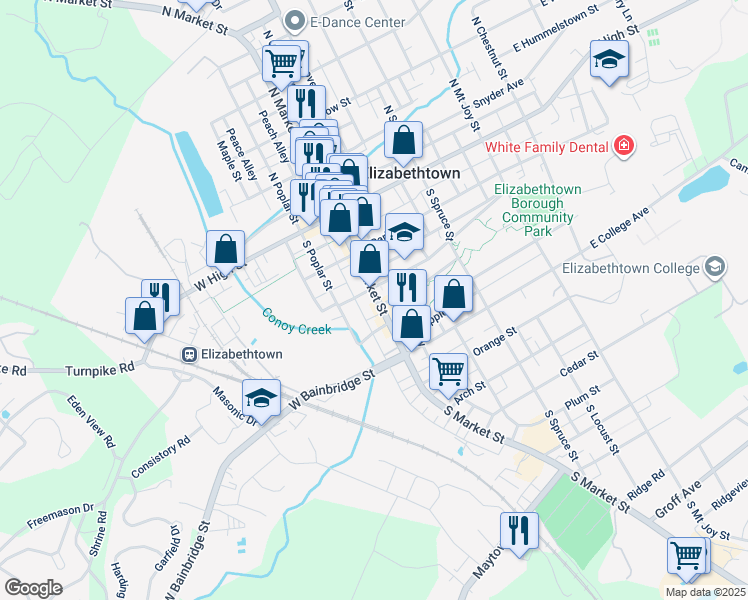 map of restaurants, bars, coffee shops, grocery stores, and more near 144 South Market Street in Elizabethtown
