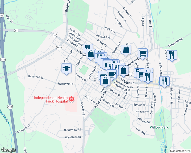 map of restaurants, bars, coffee shops, grocery stores, and more near 100 College Avenue in Mount Pleasant