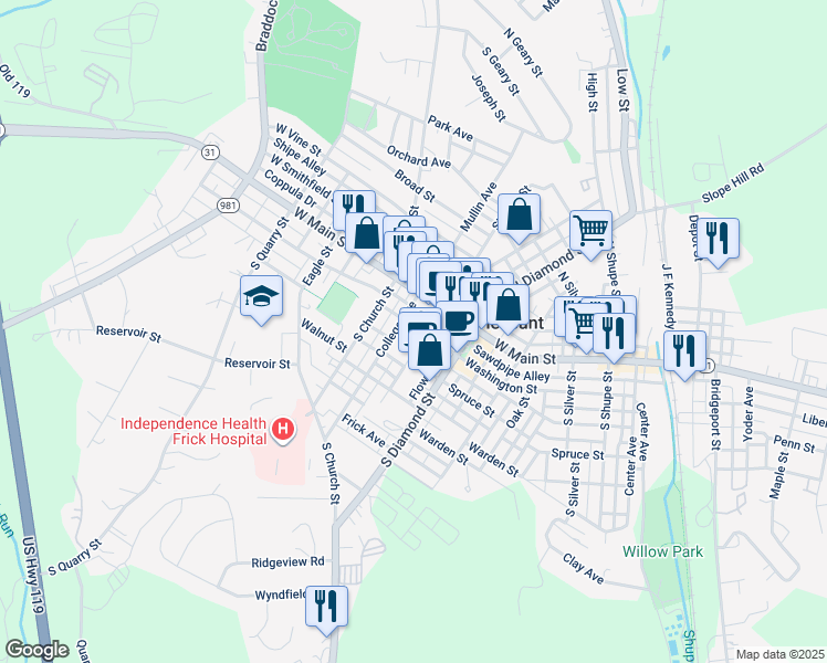 map of restaurants, bars, coffee shops, grocery stores, and more near 539 Washington Street in Mount Pleasant