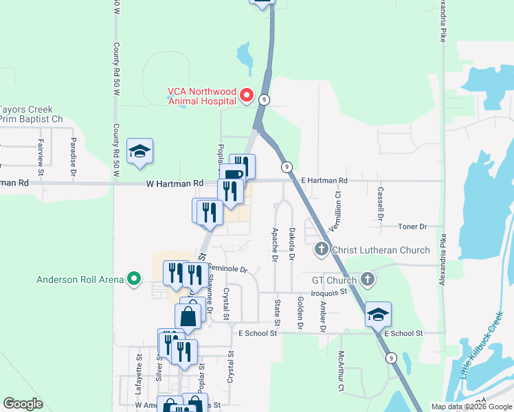 map of restaurants, bars, coffee shops, grocery stores, and more near 2940 Broadway Street in Anderson