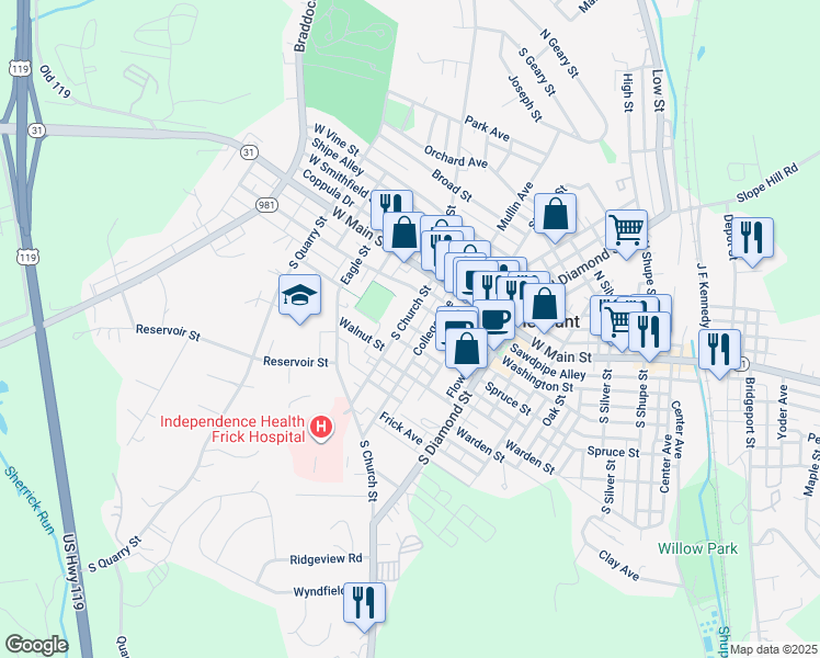map of restaurants, bars, coffee shops, grocery stores, and more near 121 South Church Street in Mount Pleasant