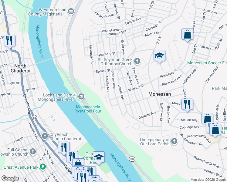 map of restaurants, bars, coffee shops, grocery stores, and more near 1205 Graham Avenue in Monessen