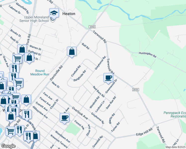 map of restaurants, bars, coffee shops, grocery stores, and more near 148 Greyhorse Rd in Willow Grove