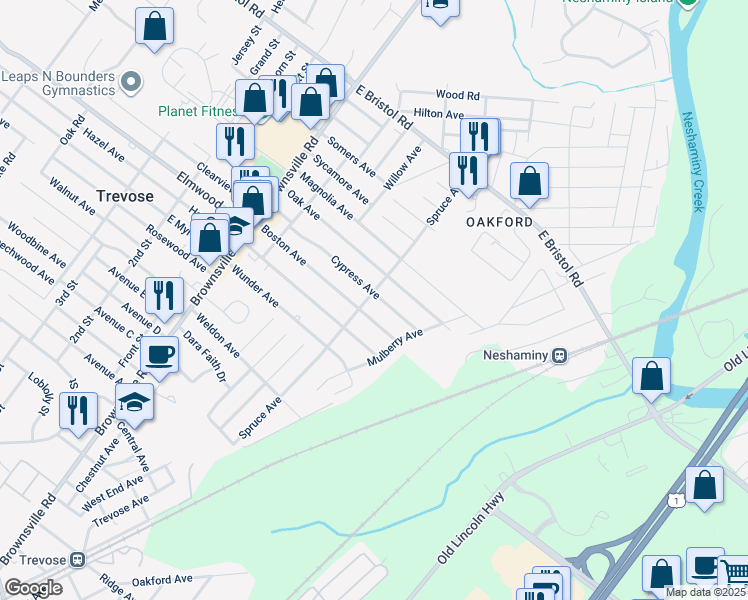 map of restaurants, bars, coffee shops, grocery stores, and more near 4670 Cypress Avenue in Feasterville-Trevose