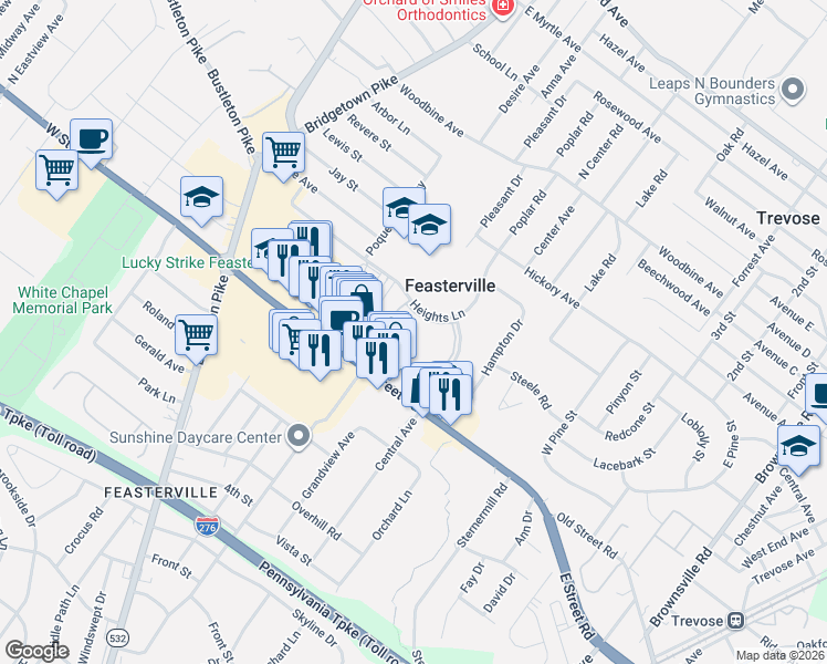 map of restaurants, bars, coffee shops, grocery stores, and more near 341 Heights Lane in Feasterville-Trevose