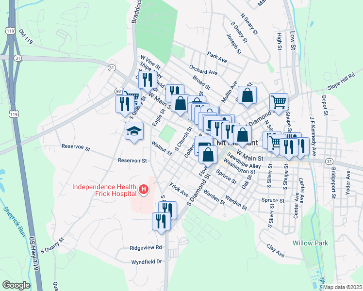 map of restaurants, bars, coffee shops, grocery stores, and more near 121 South Church Street in Mount Pleasant