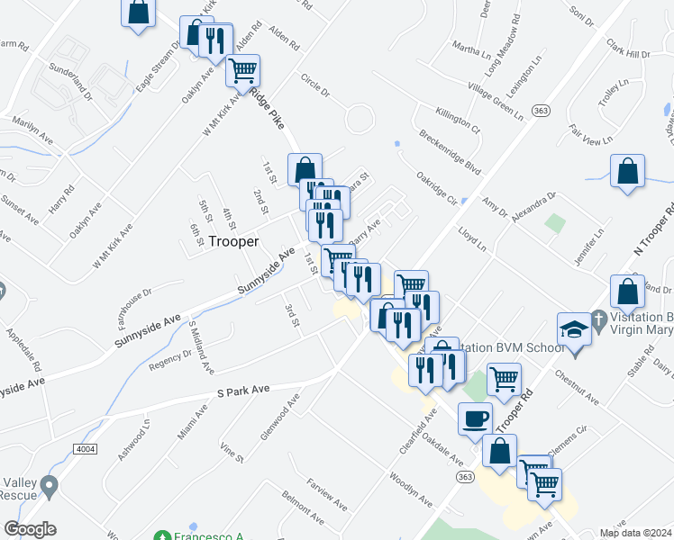 map of restaurants, bars, coffee shops, grocery stores, and more near 2836 Ridge Pike in Trooper