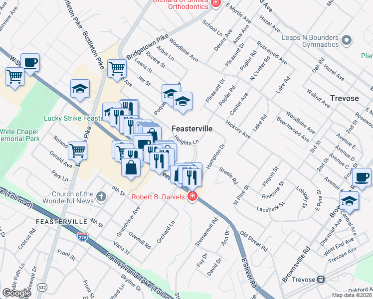 map of restaurants, bars, coffee shops, grocery stores, and more near 301 Heights Lane in Feasterville-Trevose
