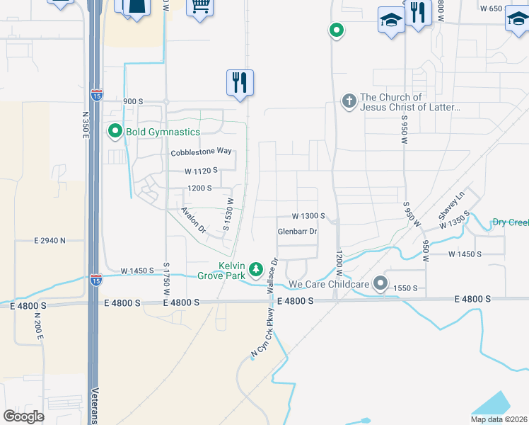 map of restaurants, bars, coffee shops, grocery stores, and more near 1460 West 1300 South in Springville