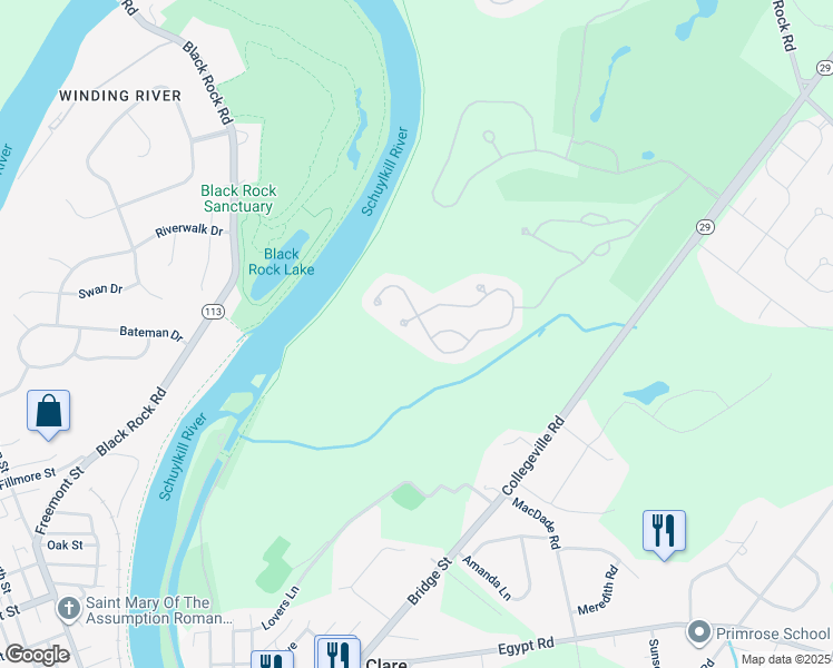 map of restaurants, bars, coffee shops, grocery stores, and more near 44 Quail Drive South in Phoenixville