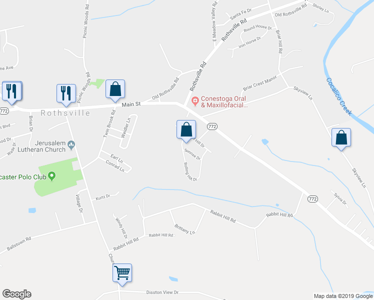 map of restaurants, bars, coffee shops, grocery stores, and more near 5 Sunrise Drive in Lititz