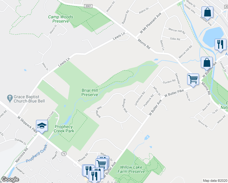 map of restaurants, bars, coffee shops, grocery stores, and more near 121 Ridings Way in Ambler