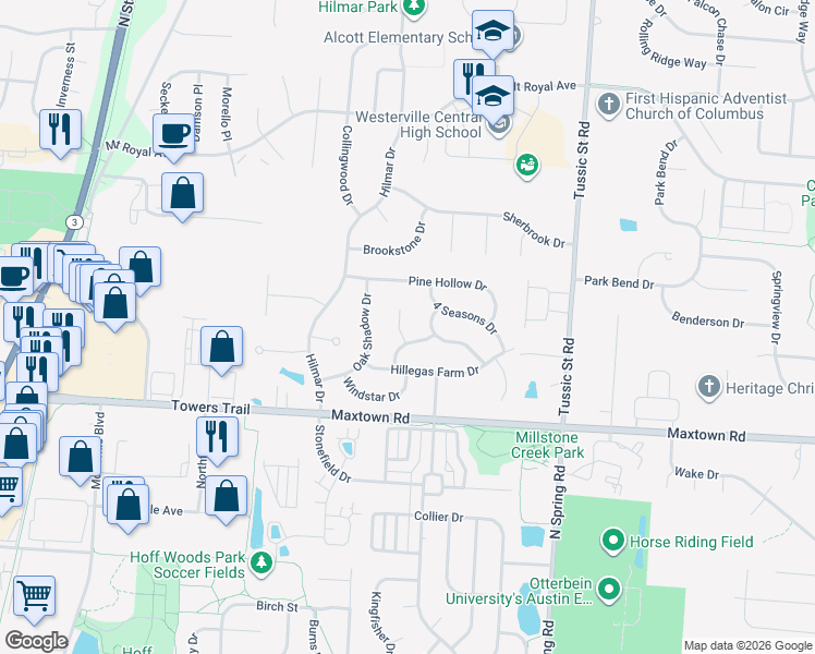 map of restaurants, bars, coffee shops, grocery stores, and more near 6971 Maple Hill Court in Westerville