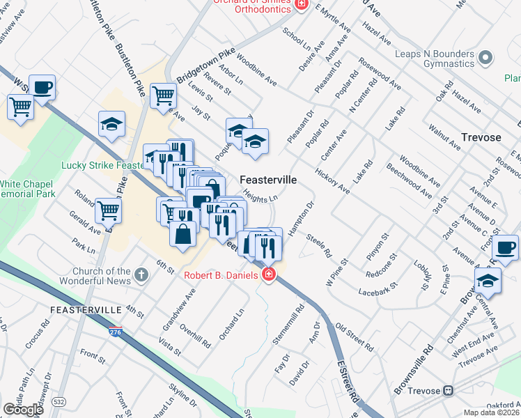 map of restaurants, bars, coffee shops, grocery stores, and more near 301 Heights Lane in Feasterville-Trevose