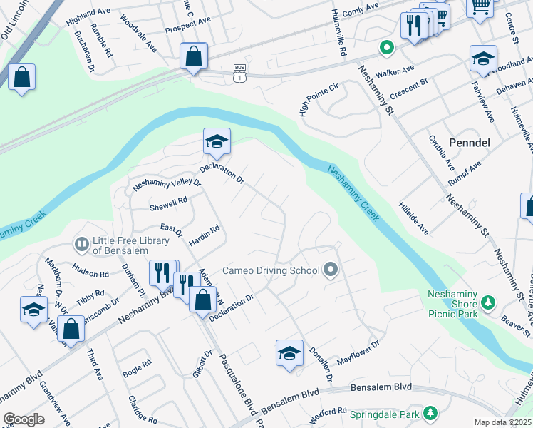 map of restaurants, bars, coffee shops, grocery stores, and more near 3008 Douglas Turn in Bensalem