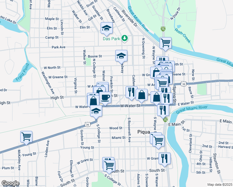 map of restaurants, bars, coffee shops, grocery stores, and more near 518 High Street in Piqua