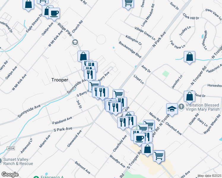 map of restaurants, bars, coffee shops, grocery stores, and more near 2810 Foster Avenue in Eagleville