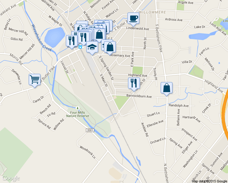 map of restaurants, bars, coffee shops, grocery stores, and more near 278 South Spring Garden Street in Ambler