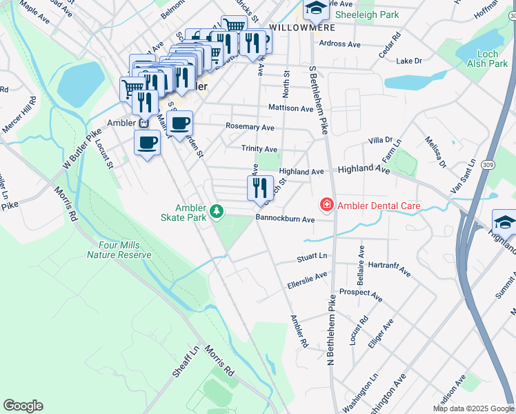 map of restaurants, bars, coffee shops, grocery stores, and more near 270 East Park Avenue in Ambler
