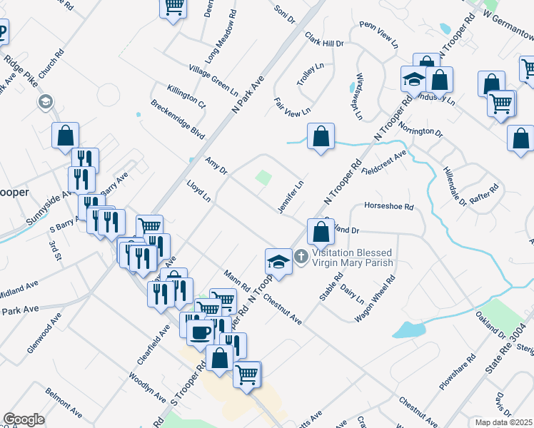 map of restaurants, bars, coffee shops, grocery stores, and more near 2624 Amy Drive in Eagleville