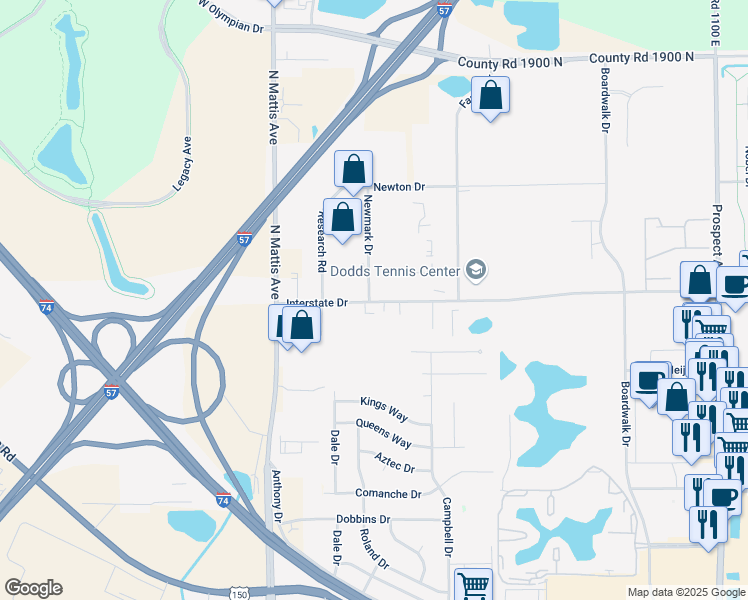 map of restaurants, bars, coffee shops, grocery stores, and more near 1600 Interstate Drive in Champaign