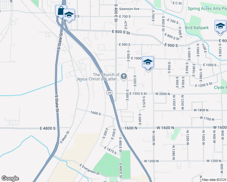 map of restaurants, bars, coffee shops, grocery stores, and more near 1213 South 400 East in Springville