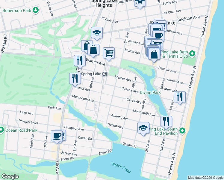 map of restaurants, bars, coffee shops, grocery stores, and more near 425 Sussex Avenue in Spring Lake