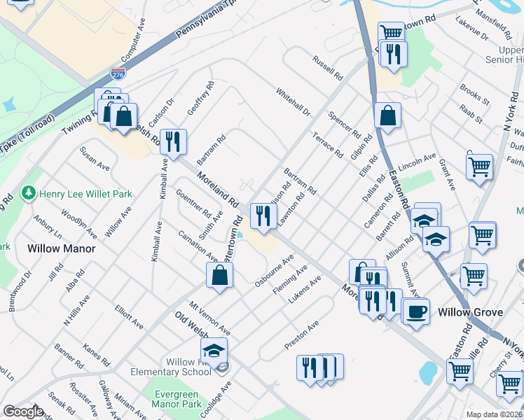 map of restaurants, bars, coffee shops, grocery stores, and more near 1 Fitzwatertown Road in Willow Grove