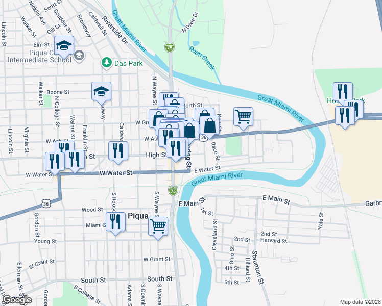 map of restaurants, bars, coffee shops, grocery stores, and more near 310 Spring Street in Piqua