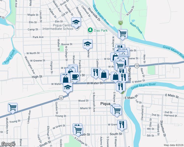 map of restaurants, bars, coffee shops, grocery stores, and more near 412 High Street in Piqua