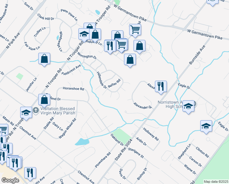 map of restaurants, bars, coffee shops, grocery stores, and more near 2417 Hillendale Drive in Norristown