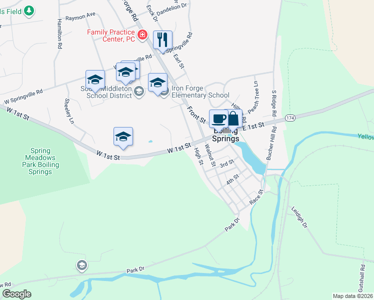 map of restaurants, bars, coffee shops, grocery stores, and more near 302 West 1st Street in Boiling Springs