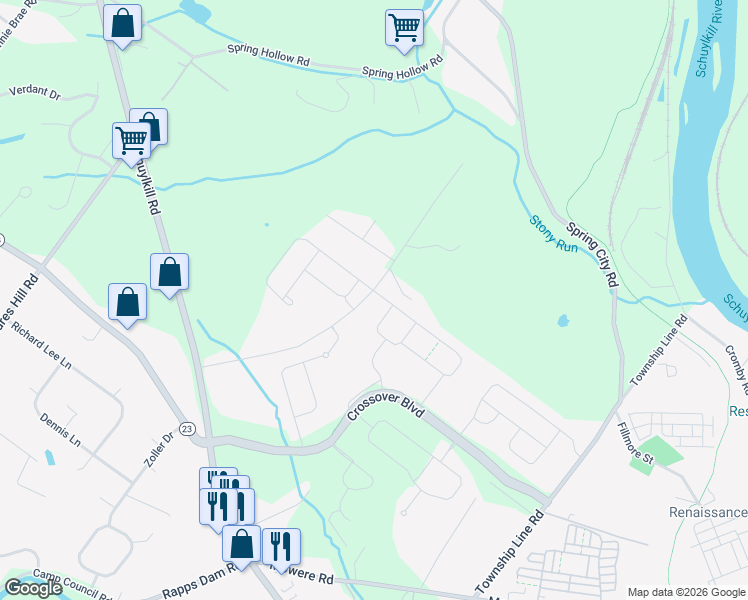 map of restaurants, bars, coffee shops, grocery stores, and more near 201 Iron Hill Way in Phoenixville