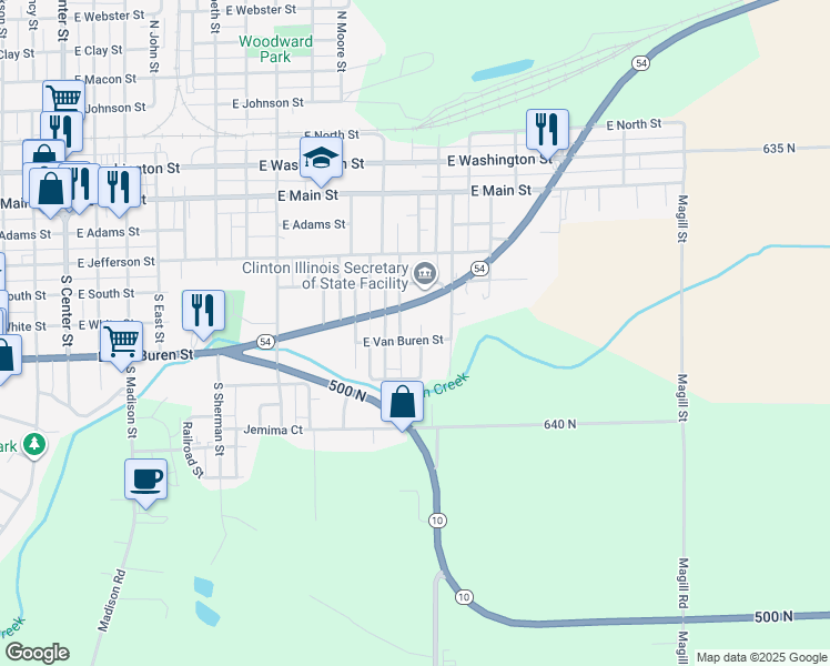 map of restaurants, bars, coffee shops, grocery stores, and more near 419 South Wilson Street in Clinton