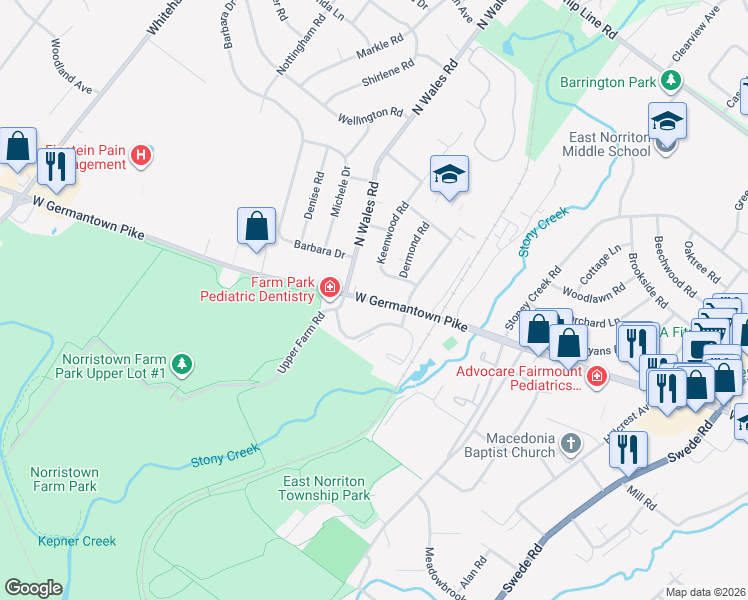 map of restaurants, bars, coffee shops, grocery stores, and more near 411 West Germantown Pike in Norristown