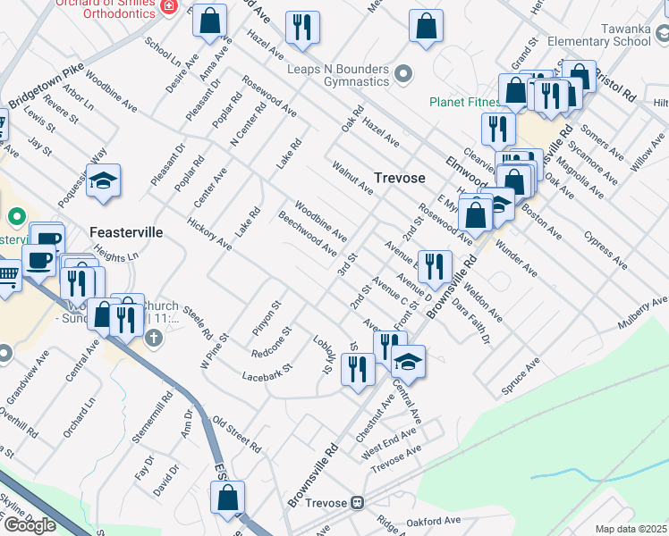 map of restaurants, bars, coffee shops, grocery stores, and more near 1440 3rd Street in Feasterville-Trevose