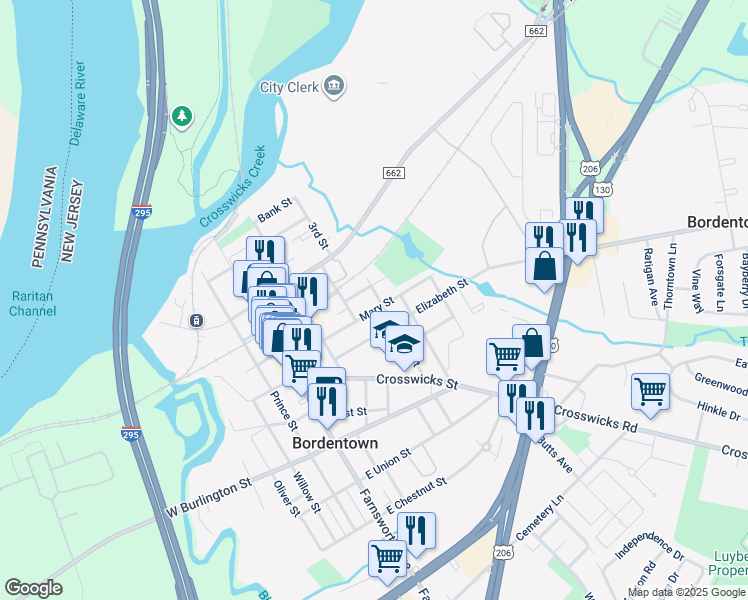 map of restaurants, bars, coffee shops, grocery stores, and more near 14 Spring Street in Bordentown