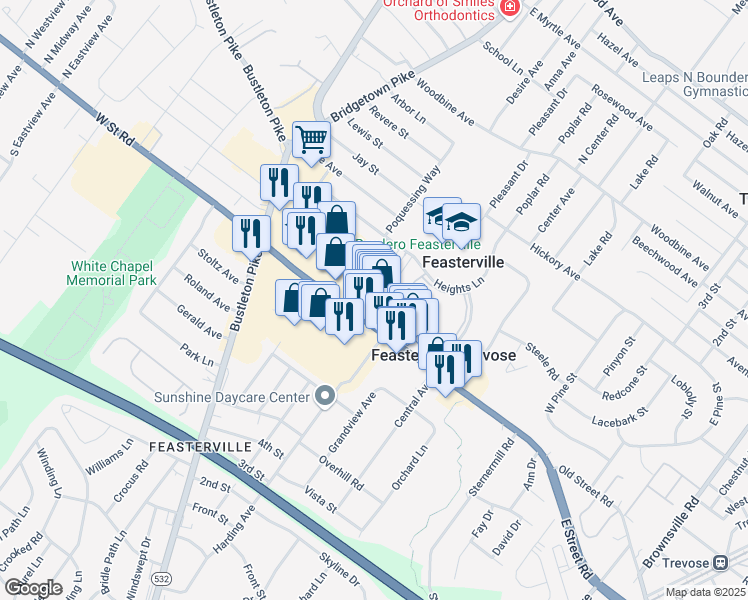 map of restaurants, bars, coffee shops, grocery stores, and more near 162 East Street Road in Feasterville-Trevose
