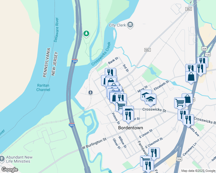 map of restaurants, bars, coffee shops, grocery stores, and more near 79 Farnsworth Avenue in Bordentown