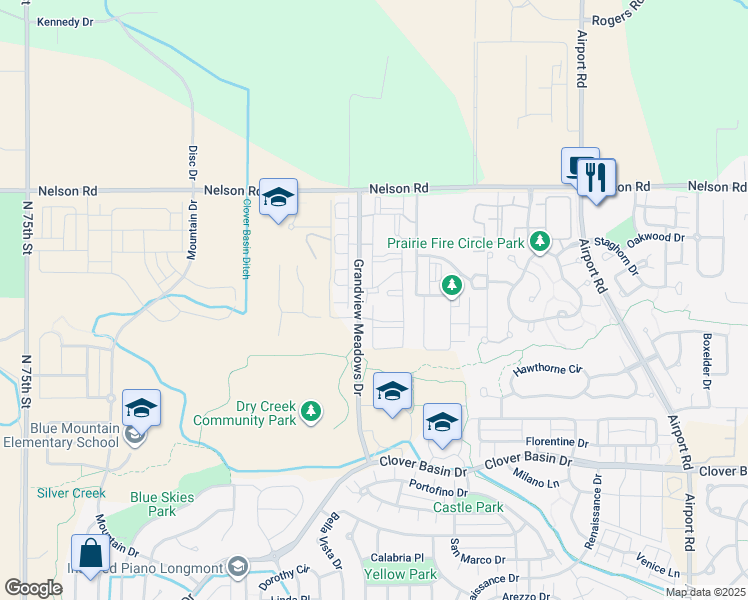 map of restaurants, bars, coffee shops, grocery stores, and more near 950 Grandview Meadows Drive in Longmont