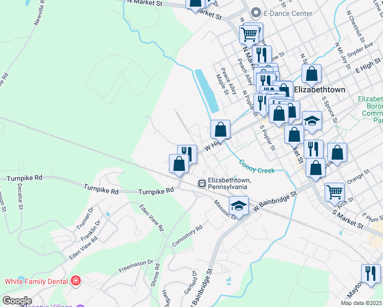 map of restaurants, bars, coffee shops, grocery stores, and more near 439 West High Street in Elizabethtown