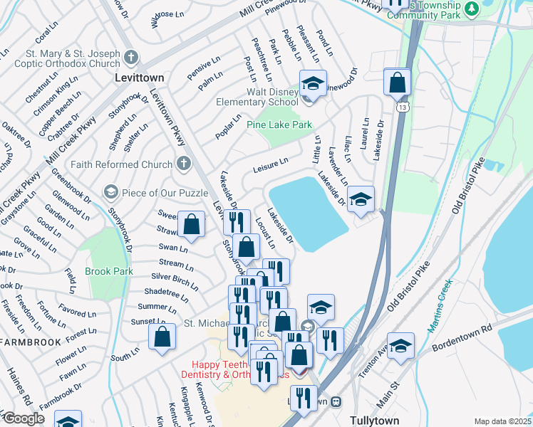 map of restaurants, bars, coffee shops, grocery stores, and more near 466 Lakeside Drive in Levittown