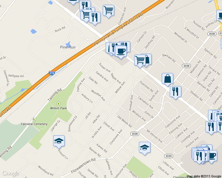 map of restaurants, bars, coffee shops, grocery stores, and more near 1823 Jill Road in Willow Grove
