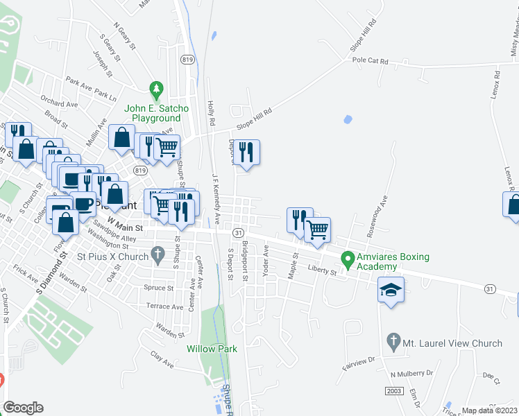 map of restaurants, bars, coffee shops, grocery stores, and more near 349 Maple Street in Mount Pleasant