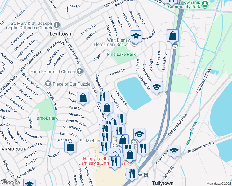 map of restaurants, bars, coffee shops, grocery stores, and more near 466 Lakeside Drive in Levittown